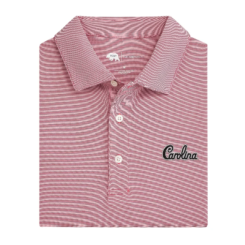 men's sustainable polo shirts-University of South Carolina Script Hairline Stripe Performance Polo