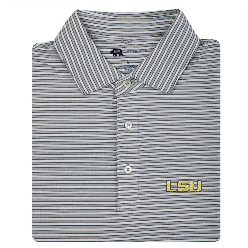 men's modern polo shirts-Mulligan Stripe LSU Performance Polo