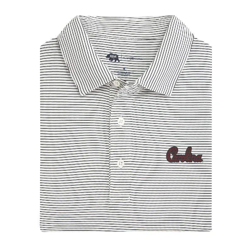 men's recycled polo shirts-University of South Carolina Script Birdie Stripe Performance Polo