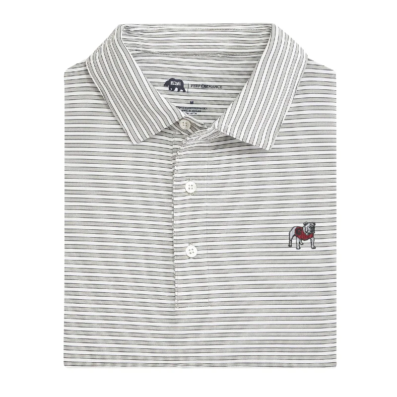 men's affordable polo shirts-Mulligan Stripe Standing Bulldog Performance Polo