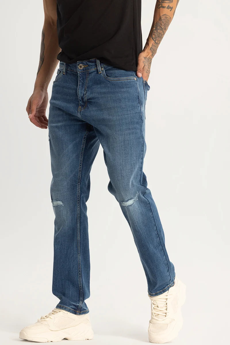 men's ankle pants-Blue Distressed Regular Fit Jeans