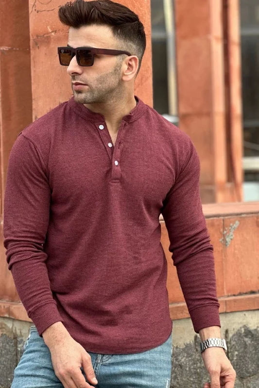 men's logo t-shirts-Light Maroon Waffle Knit Henley Neck T-Shirt