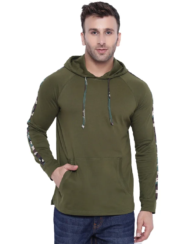 men's athletic hoodies-Olive Green Army Print Full Sleeve Hooded T-Shirt