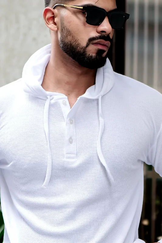 men's lounge hoodies-White Waffle Placket Hooded T-Shirt