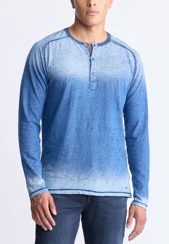 men's versatile t-shirts-Kibbe Men's Ombre Long Sleeve Henley, Blue Gradient - BM24379