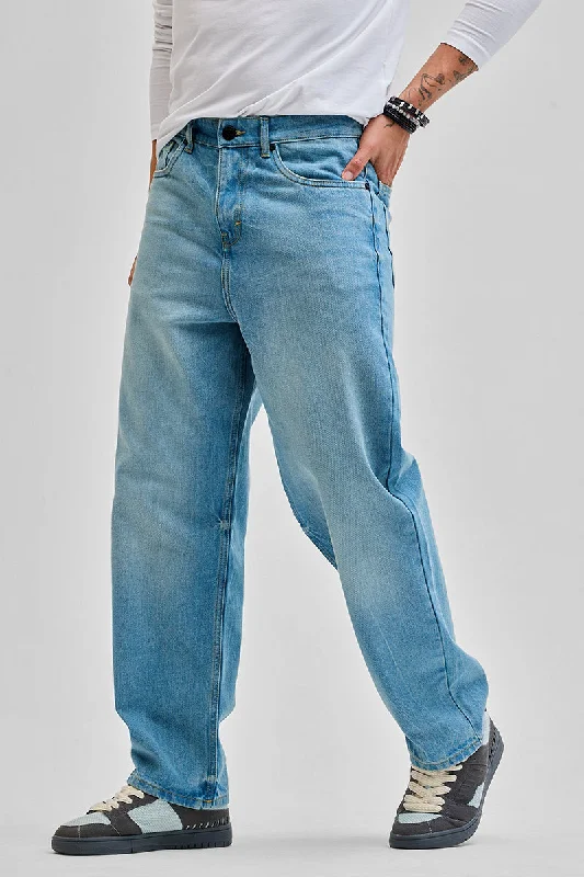 men's winter trousers-Light Blue Loose Fit Jeans