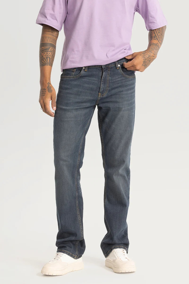 men's cropped pants-Greyish Blue Plain Straight Fit Jeans