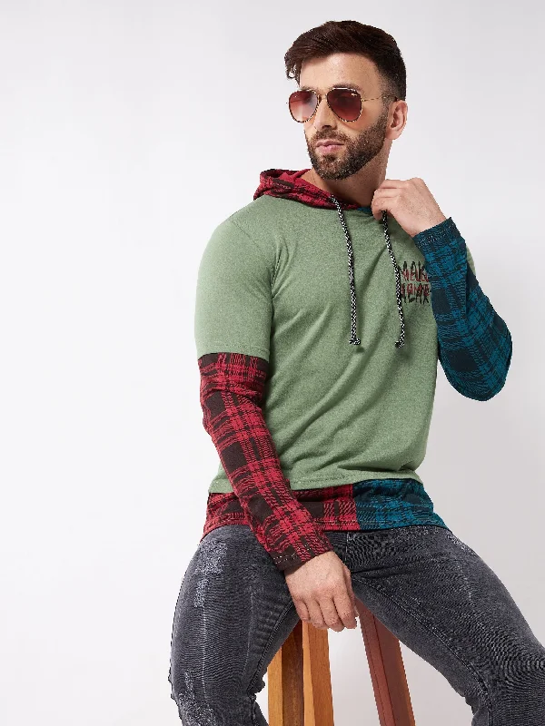 men's fashion-forward hoodies-Moss Green and Multi Hooded Full Sleeve  Tshirt