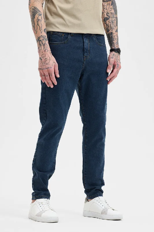 men's fishing trousers-Dark Blue Slim Fit Jeans