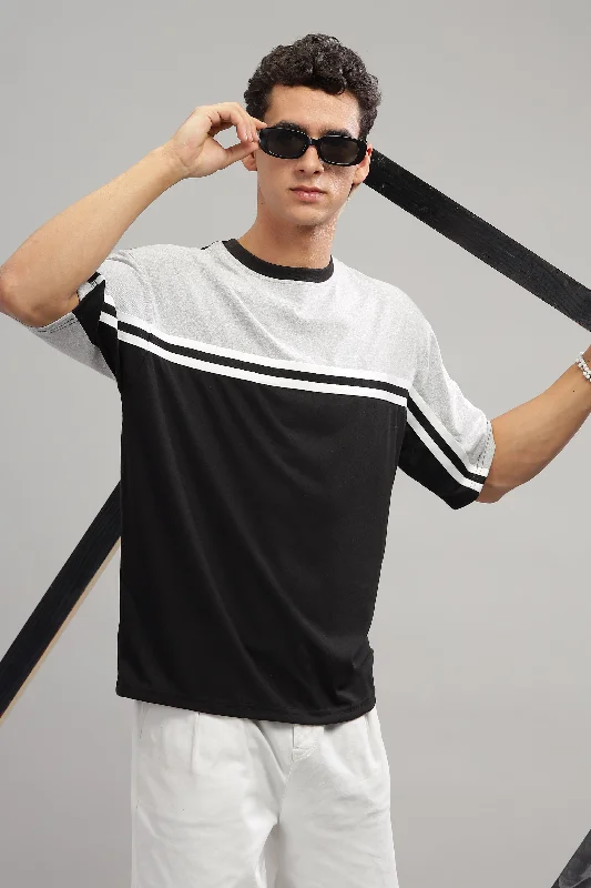 men's bold t-shirts-Grey & Black Oversized Color Block T-Shirt