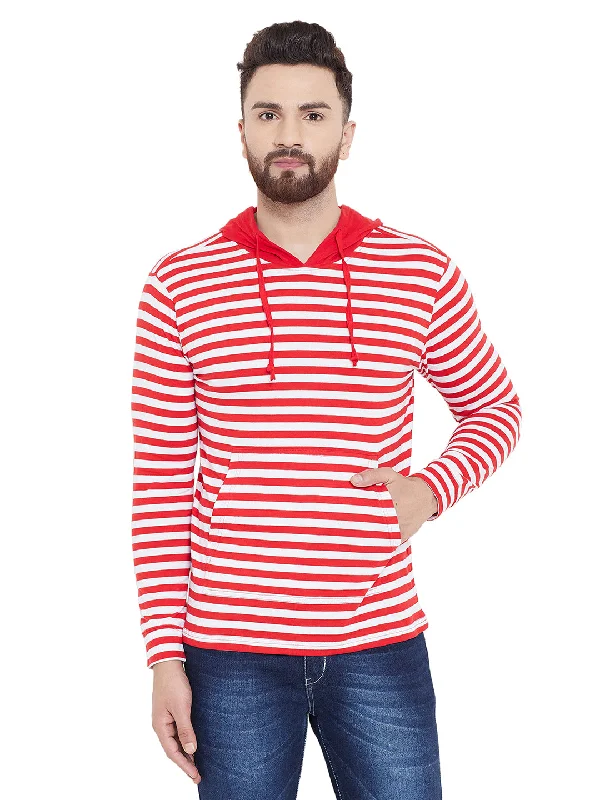 men's logo hoodies-White/Red Striper Hooded Full Sleeves T-Shirt