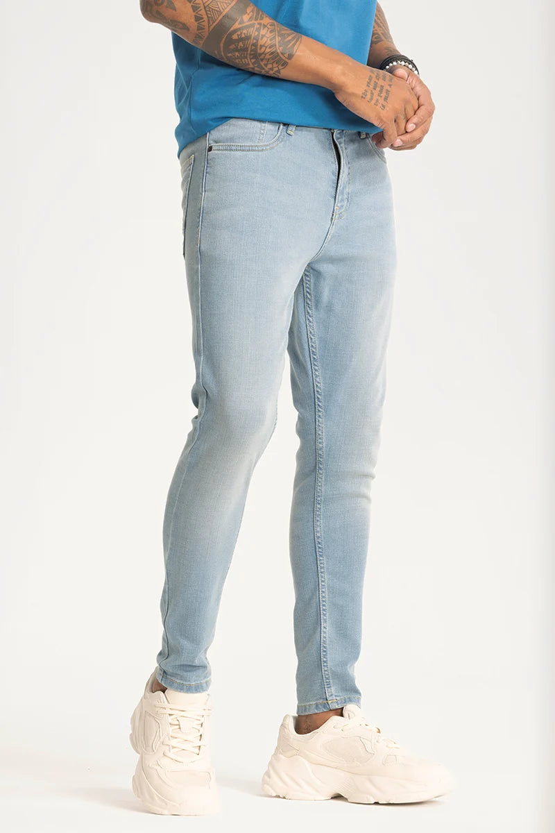 men's classic trousers-Light Blue Plain Skinny Fit Jeans