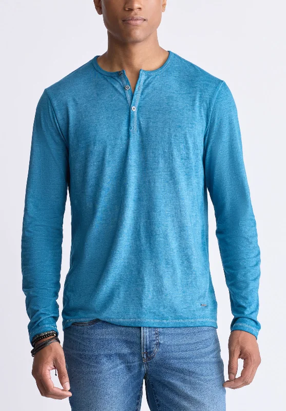 men's limited edition t-shirts-Kaduk Men's Long-Sleeve Burnout Henley Top, Atlantic Blue - BM24237