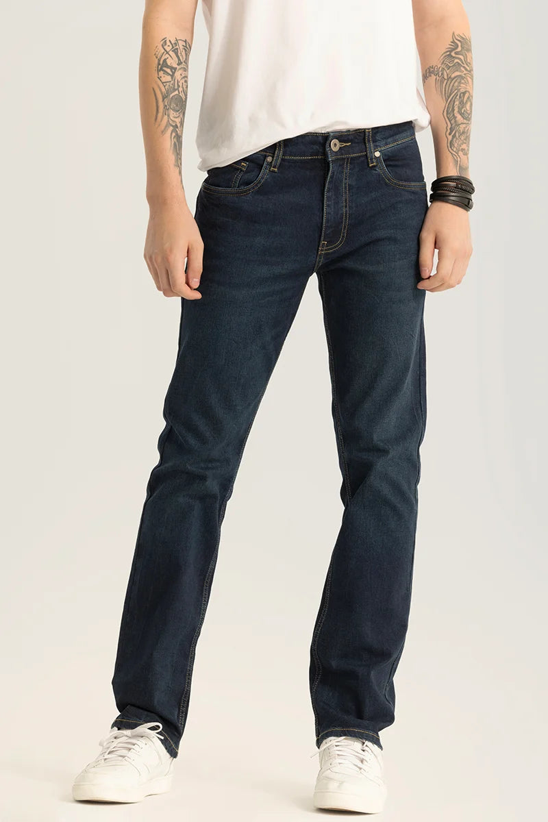 men's cotton pants-Brigitte Navy Plain Straight Fit Jeans