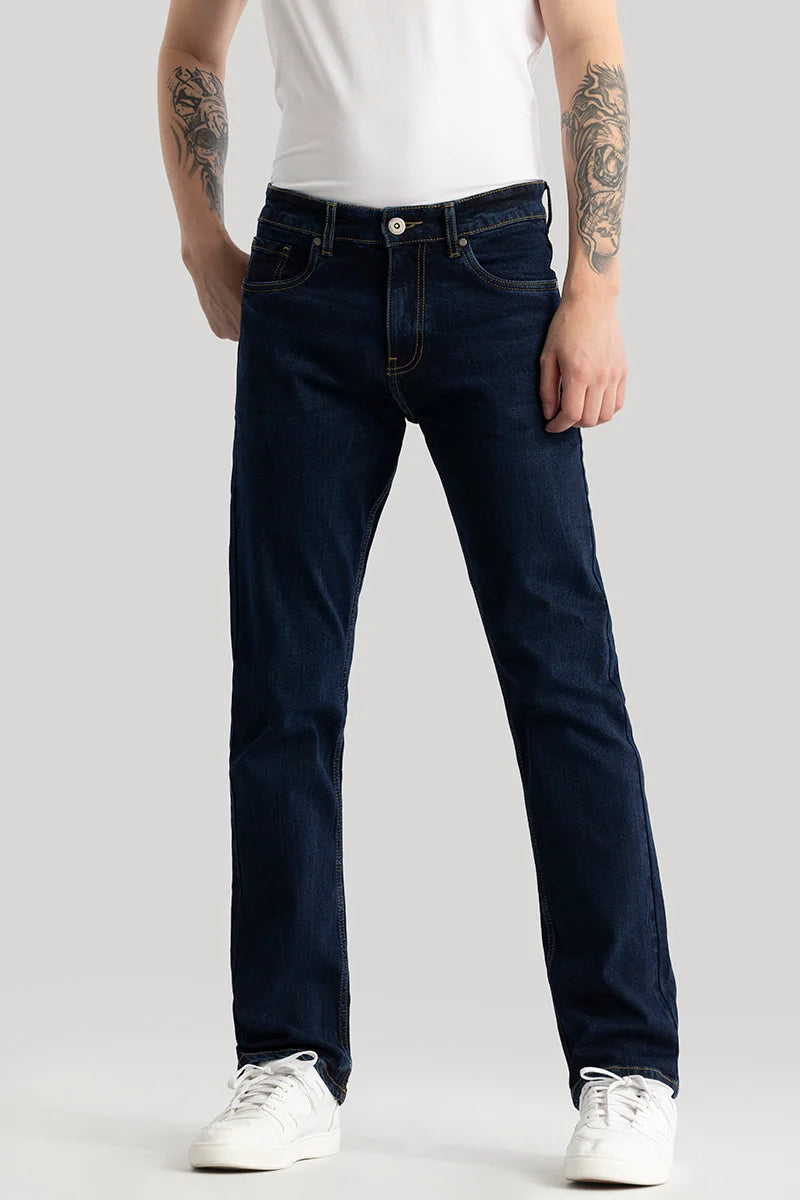 men's straight jeans-Olivier Navy Plain Straight Fit Jeans