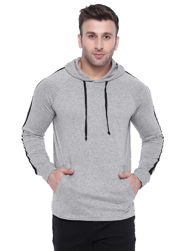 men's casual hoodies-Grey Melange Black Full Sleeve Hooded T-Shirt