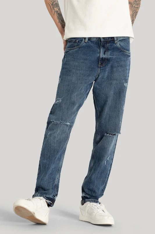 men's activewear pants-Blue Distressed Baggy Fit Jeans