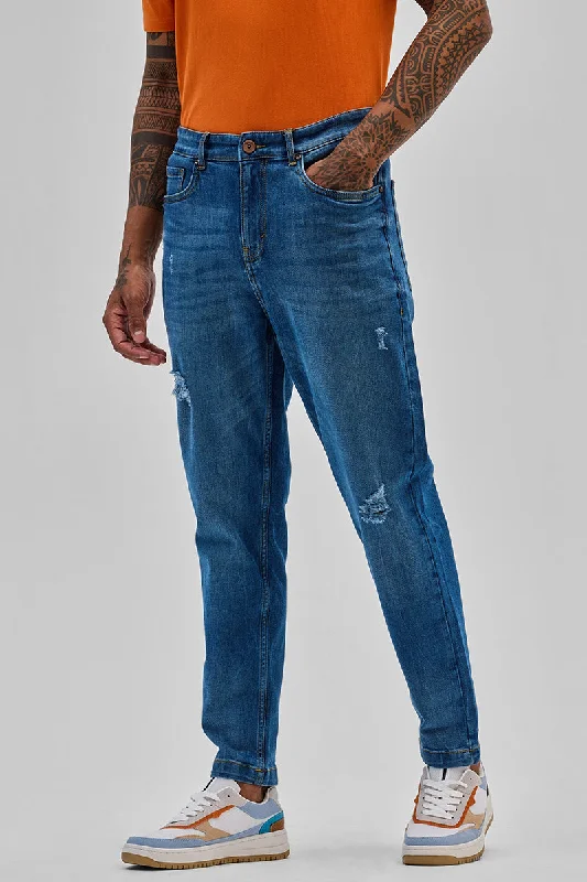 men's drawstring pants-Blue Distressed Slim Fit Jeans