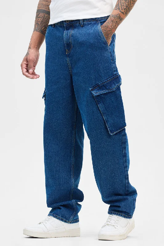 men's outdoor trousers-Blue Loose Fit Cargo Jeans