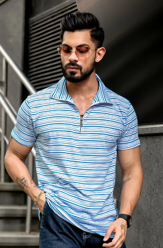 men's budget t-shirts-White Blue Stripes Zipper T-Shirt