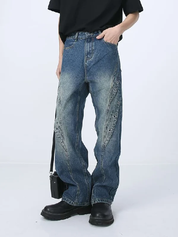 men's skinny pants-Ring Patchwork Straight Fit Jeans