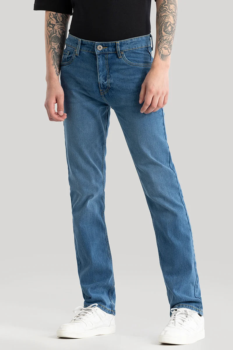 men's cropped pants-Olivier Blue Plain Straight Fit Jeans