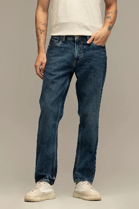 men's solid color pants-Refined Dark Blue Relaxed Fit Jeans