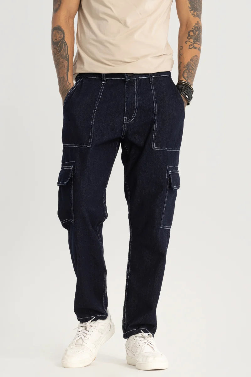 men's straight jeans-Navy Plain Baggy Fit Jeans