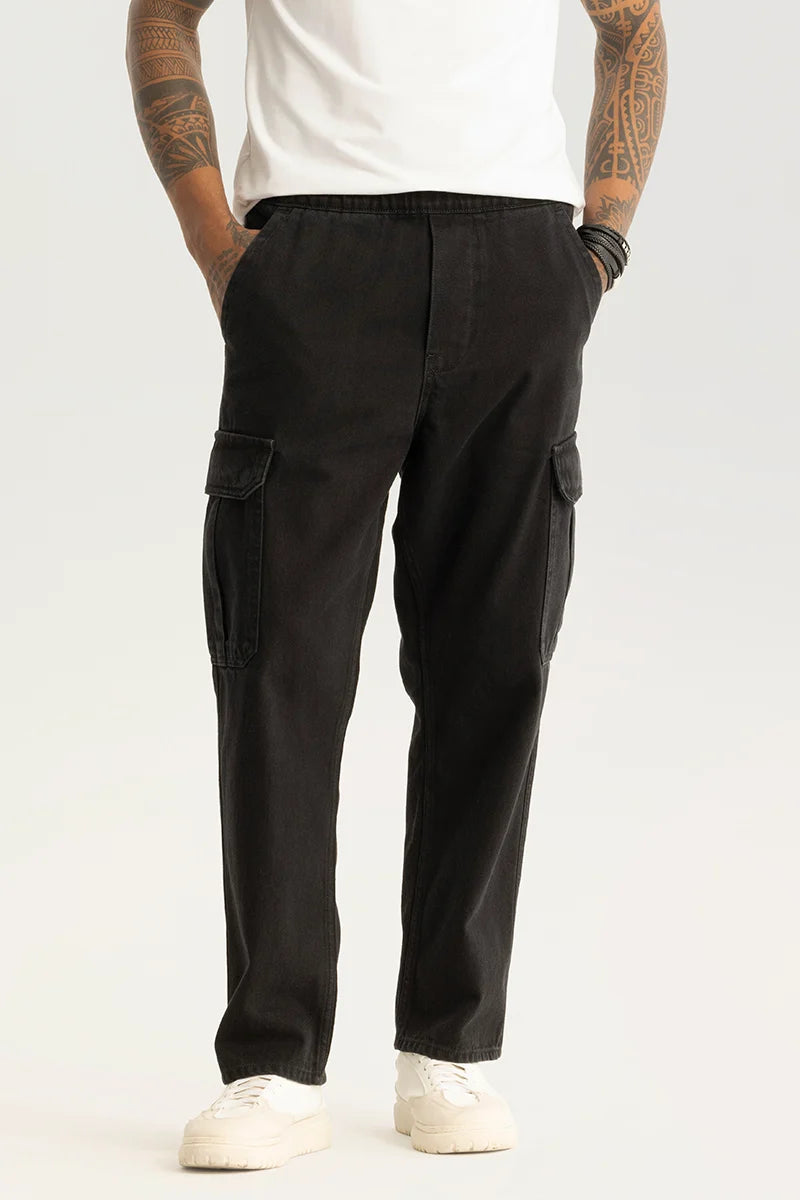 men's jogger pants-Pull On Black Plain Baggy Fit Jeans