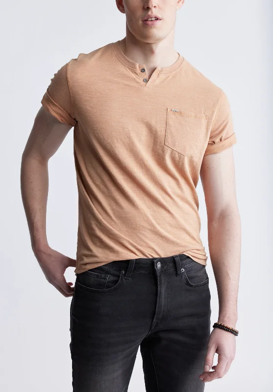 men's unique t-shirts-Kadya Short Sleeve Men's Henley, Tan - BM24397