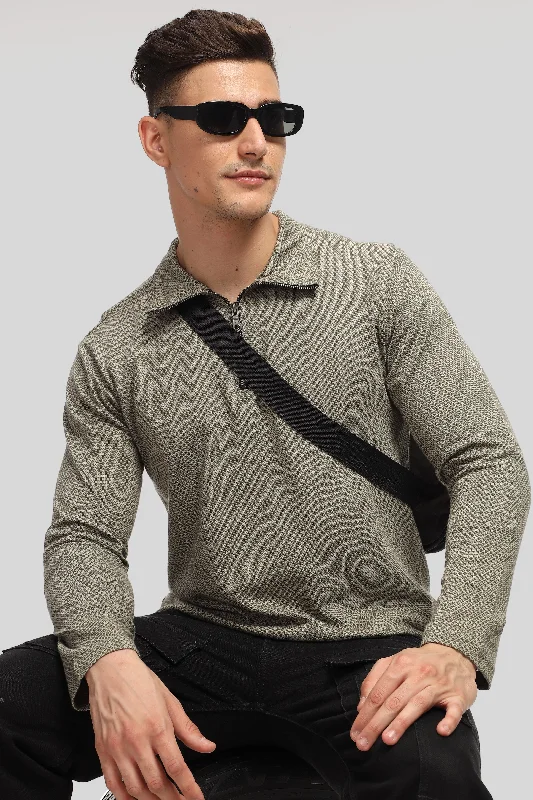 men's relaxed fit t-shirts-Dark Grey Self Design Zipper T-Shirt