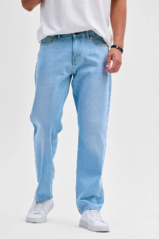 men's bootcut jeans-Light Blue Relaxed Fit Jeans