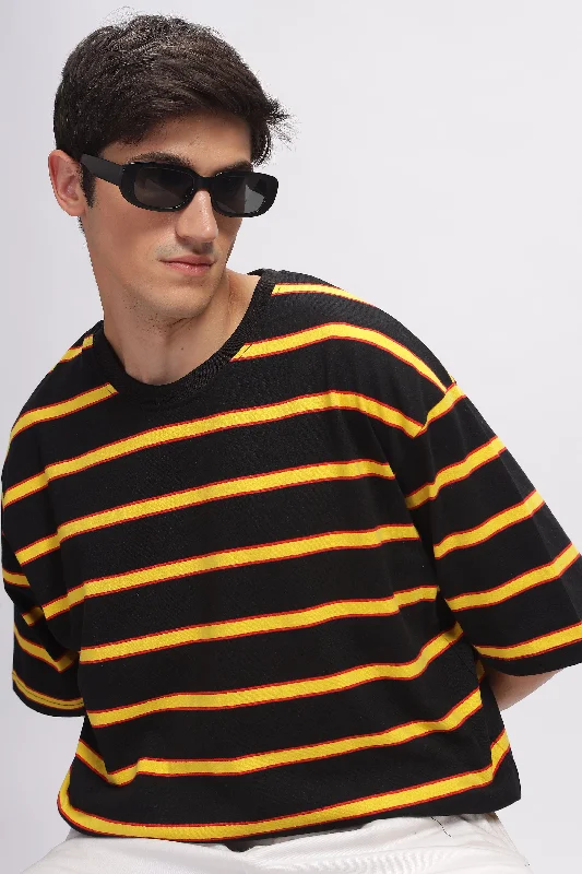 men's work t-shirts-Black Oversized Striped Cotton Knit T-Shirt