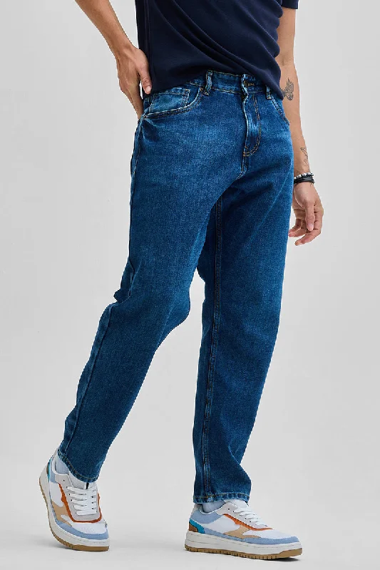 men's budget pants-Dark Blue Baggy Fit Jeans