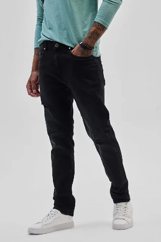 men's evening pants-Black Distressed Slim Fit Jeans