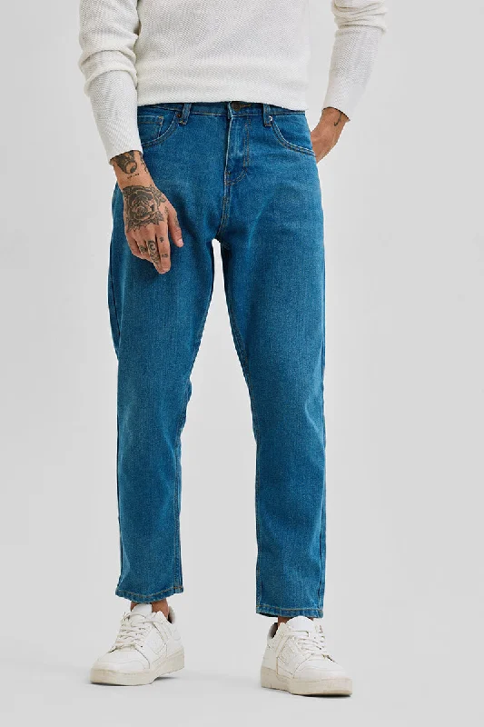 men's streetwear pants-Denim Blue Baggy Fit Jeans