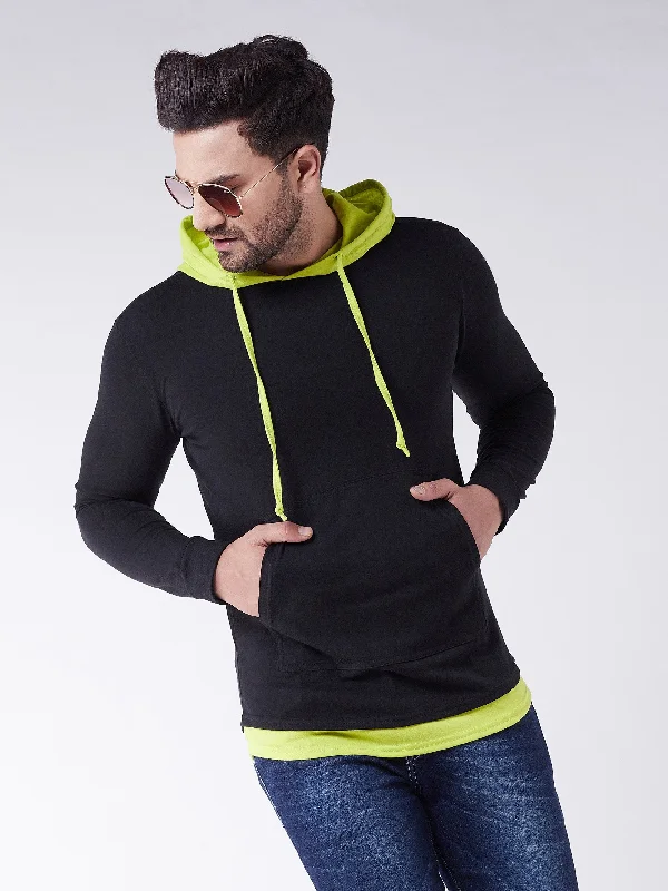 men's neutral color hoodies-Black/Neon Green Colorblock Hooded Tshirt