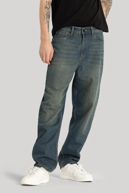 men's hiking pants-Washed Blue Plain Loose Fit Jeans