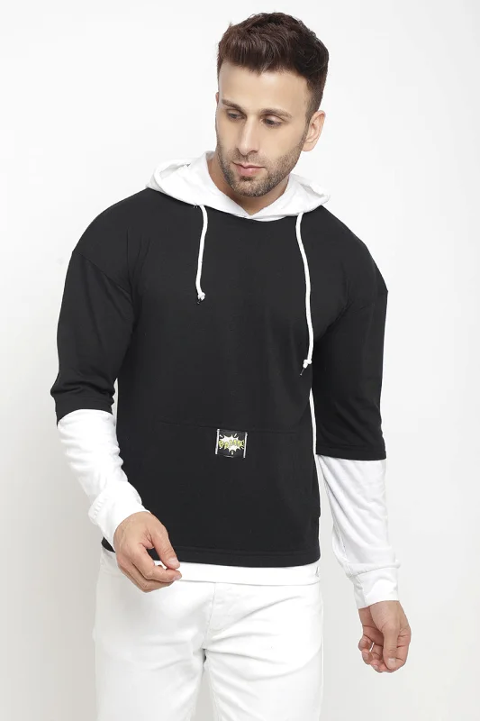 men's sustainable hoodies-Hooded Full Sleeve Black Color Kangaroo Pocket  T-Shirt