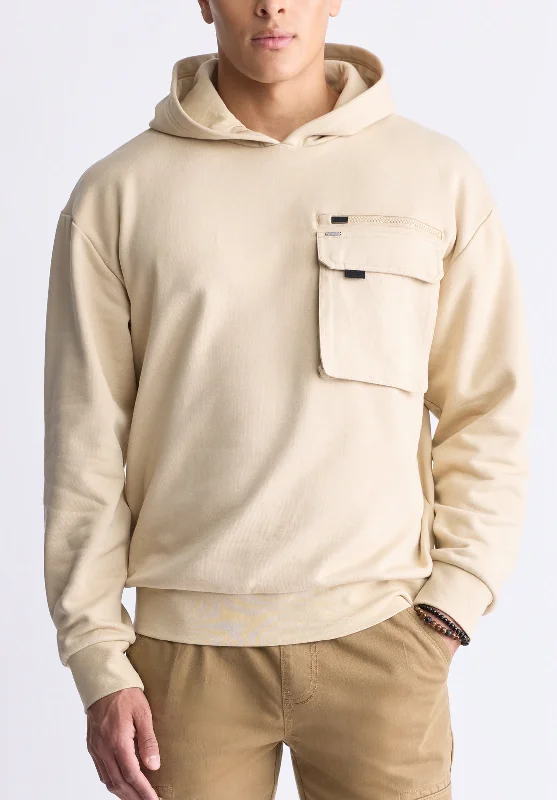 men's chic sweatshirts-Fabio Men's Hooded Sweatshirt with Chest Pocket, Cream - BM24393