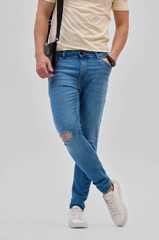 men's activewear pants-Blue Distressed Skinny Fit Jeans