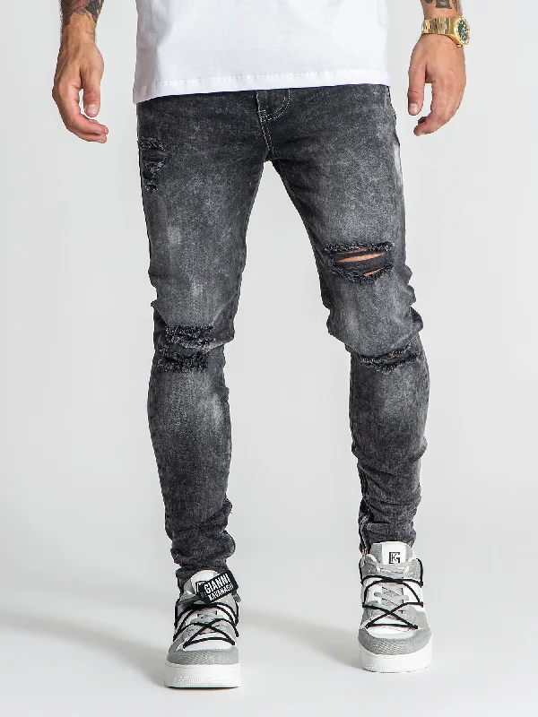 men's streetwear pants-Grey Zipper Jeans