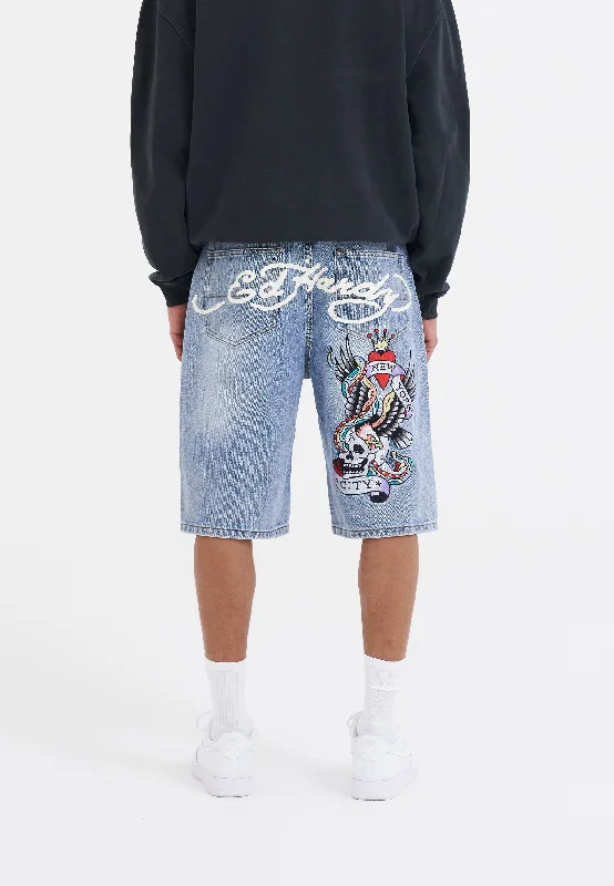 men's popular shorts-Mens Nyc Skull Denim Jorts Shorts - Bleach