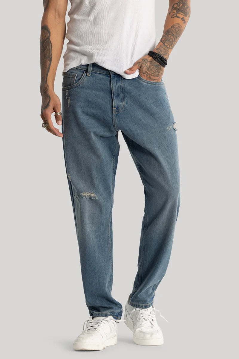 men's trendy trousers-Blue Distressed Baggy Fit Jeans