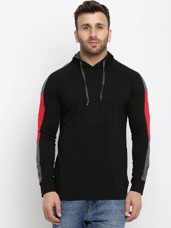 men's winter hoodies-Black Hooded Color Block Full Sleeve T-Shirt