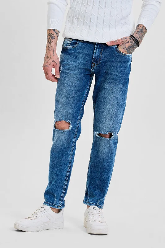 men's streetwear pants-Blue Distressed Skinny Fit Jeans