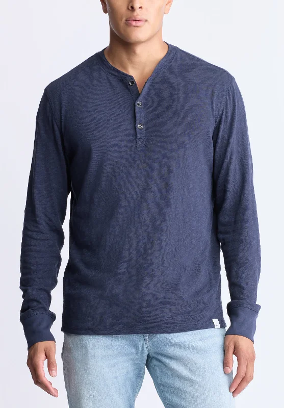 men's graphic print t-shirts-Kandid Men's Long-Sleeve Henley Top, Midnight Blue - BM24522