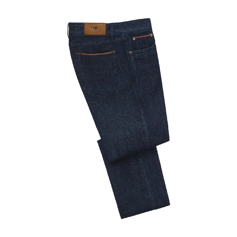 men's ankle pants-Regular-Fit Stretch-Cotton 5 Pocket Jeans in Selvedge Dark Denim