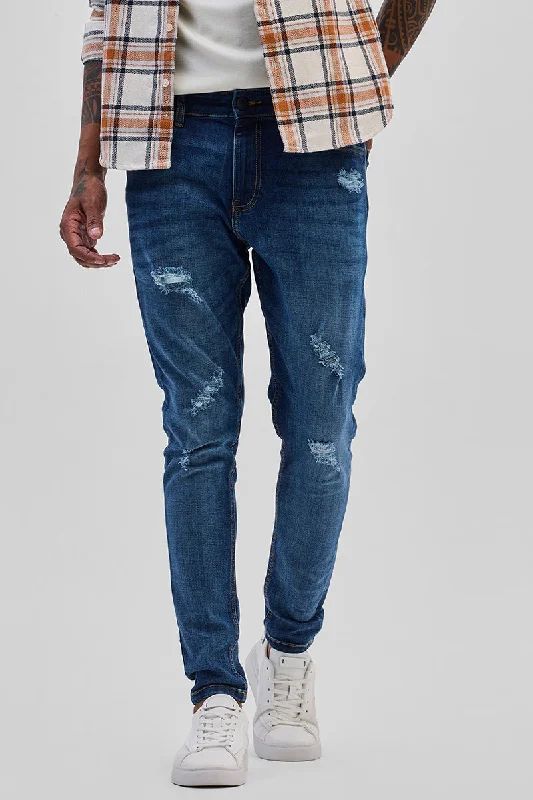 men's event trousers-Dark Blue Distressed Skinny Fit Jeans