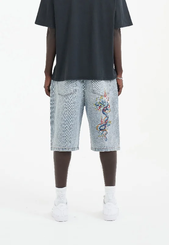 men's fashion-forward shorts-Mens Battle-Dragon Diamante Denim Jorts Shorts - Bleach